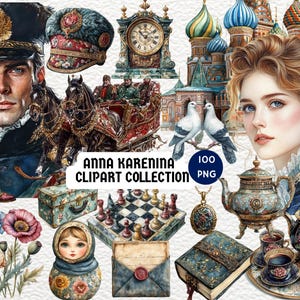 Colección de imágenes prediseñadas de Anna Karenina, arte literario vintage, ilustraciones de Anna Karenina, imágenes prediseñadas vintage de Anna Karenina, arte literario ruso