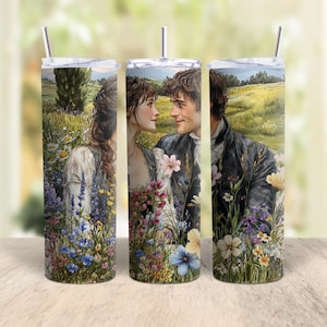 May include: Three stainless steel tumblers with a floral design and a couple looking at each other. The design features a man and woman in a field of flowers.