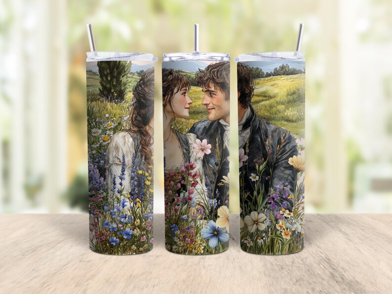 May include: Three stainless steel tumblers with a floral design and a couple looking at each other. The design features a man and woman in a field of flowers.