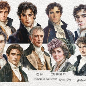 May include: A digital illustration of eight people in watercolor style. The people are all wearing clothing from the 18th century. The background is transparent.