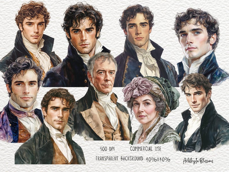 May include: A digital illustration of eight people in watercolor style. The people are all wearing clothing from the 18th century. The background is transparent.
