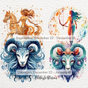 May include: A colorful illustration of the zodiac signs Sagittarius and Capricorn. Sagittarius is depicted as a woman riding a horse, while Capricorn is represented by a goat's head. The image includes the text "Sagittarius: November 22 - December 21" and "Capricorn: December 22 - January 19".