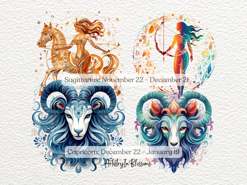 May include: A colorful illustration of the zodiac signs Sagittarius and Capricorn. Sagittarius is depicted as a woman riding a horse, while Capricorn is represented by a goat's head. The image includes the text "Sagittarius: November 22 - December 21" and "Capricorn: December 22 - January 19".