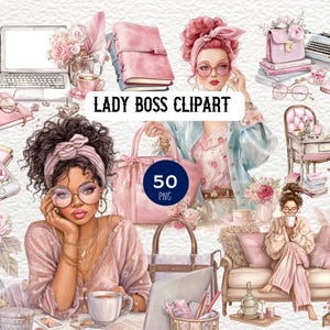 May include: Watercolor illustration featuring a collection of pink-themed office and lifestyle elements. Includes a laptop, phone, purse, desk, and women in glasses. Text reads "LADY BOSS CLIPART" and "50 PNG".