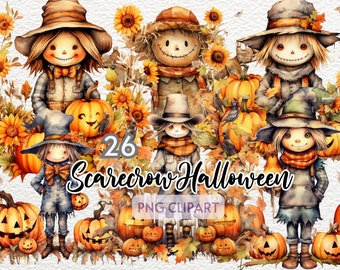 Aquarel Vogelverschrikker Halloween Clipart | Vintage griezelige vogelverschrikkers clipart | Antieke Halloween Clip Art-afbeeldingen | Vogelverschrikker png | 300 DPI