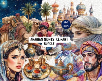 Arabian Nights Watercolor Clipart Set, Magic Lamp, Genie, Aladdin, Princess Jasmine, Middle Eastern Fantasy, Fairytale Art, Digital Download