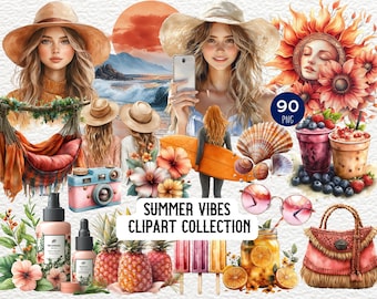 Summer Vibes Clipart Bundle, Vintage Beach PNG, Tropical Digital Art, Summer Decor Elements, Digital Download, Vacation Sublimation Graphics