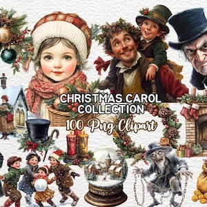 Ensemble de cliparts chants de Noël à l'aquarelle | Art de Noël de Charles Dickens | Clipart vacances victoriennes pour cartes, faire-part et travaux manuels