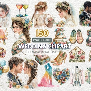 Peut inclure: Un ensemble de 150 images clipart de mariage en aquarelle à usage commercial. Le clipart comprend des images d'une mariée et d'un marié, de fleurs, d'un gâteau de mariage, d'une voiture avec les mots "Just Married", d'une bague, d'un parapluie, d'un cœur, d'une boîte cadeau, et plus encore.