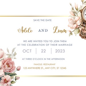 Może przedstawiać: Zaproszenie ślubne "Save the Date" z pozłacanym ramieniem i kwiatowymi akcentami. Zaproszenie zawiera napis "Save the Date" oraz imiona "Adele i Liam", datę "Oct 22, 2023" i godzinę "O godzinie 15:00". Zaproszenie zawiera r&oacute;wnież lokalizację "Famous Restaurant, 123 Anywhere St., Any City, ST 12345".