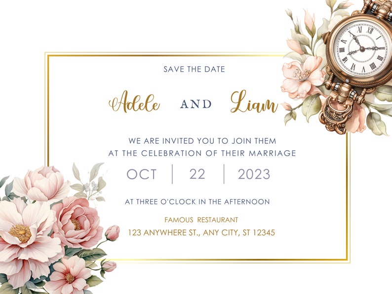 Może przedstawiać: Zaproszenie ślubne "Save the Date" z pozłacanym ramieniem i kwiatowymi akcentami. Zaproszenie zawiera napis "Save the Date" oraz imiona "Adele i Liam", datę "Oct 22, 2023" i godzinę "O godzinie 15:00". Zaproszenie zawiera r&oacute;wnież lokalizację "Famous Restaurant, 123 Anywhere St., Any City, ST 12345".