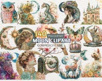 Watercolor Moon Clipart, Moon Watercolor Clipart, Lunar Illustrations, Celestial Moon Art, Home Moon Decor, Crescent Moon, Floral Moons