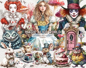 Può includere: Un set di illustrazioni digitali con personaggi di Alice nel Paese delle Meraviglie. Il set include Alice, il Cappellaio Matto, la Regina di Cuori, il Gatto del Cheshire e un coniglio bianco. L'illustrazione è in stile fantasioso con colori vivaci e dettagli intricati. Il testo "100 Clipart Magic Alice World Commercial Use" è incluso nell'immagine.