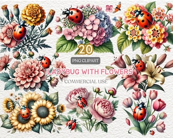 Puede incluir: Una ilustración digital con varios arreglos florales con mariquitas. Las flores incluyen girasoles, dalias y lirios, en tonos de rosa, amarillo y rojo. También está presente el texto "20 PNG Clipart" y "Ladybug with Flowers Commercial Use".