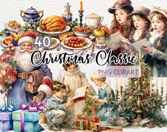 Watercolor Christmas Classic Clipart, Classic Christmas Watercolor Art,Nostalgic Christmas Classic, Vintage Christmas,Christmas Classic Art