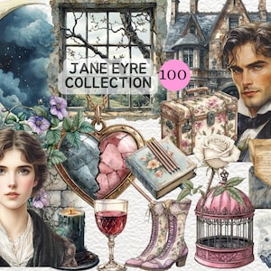 Könnte beinhalten: Eine Sammlung von Vintage-inspirierten Illustrationen mit einem gebrochenen Herzen, einem Vogelkäfig, einem Buch, einem Koffer, einem Halbmond, einem Blumenstrauß, einer Kerze, einem Glas Wein, einem Paar Stiefeln und einem Mann mit dunklen Haaren. Der Text "JANE EYRE COLLECTION 100" ist im Bild sichtbar.