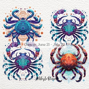 May include: Four colorful illustrations of the Cancer zodiac sign, a crab, with intricate details and a mandala-like background. The text "Cancer: June 21 - July 22" is included in the image.