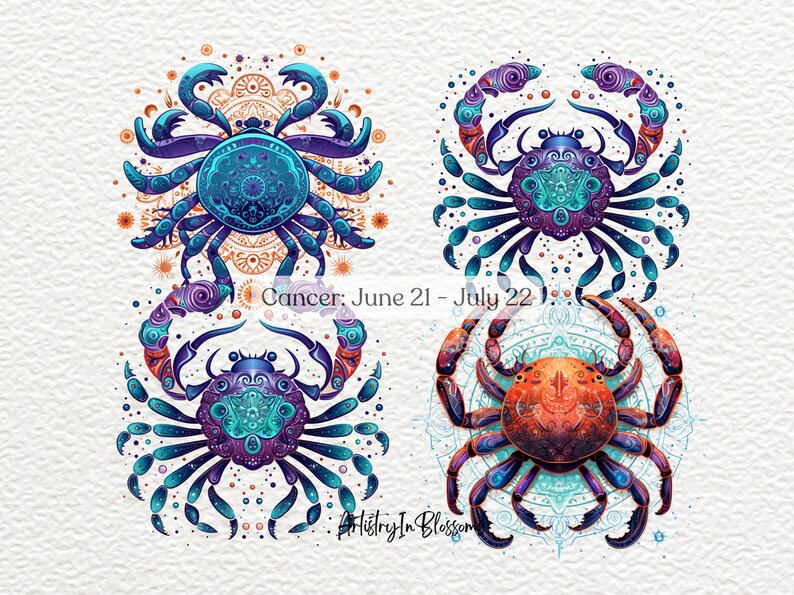May include: Four colorful illustrations of the Cancer zodiac sign, a crab, with intricate details and a mandala-like background. The text "Cancer: June 21 - July 22" is included in the image.