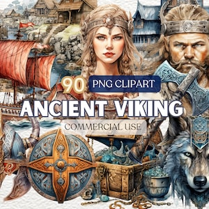 以下が含まれることがあります： 古代のバイキング文化を描いた水彩クリップアート画像90点セット。画像には、バイキング船、斧を持った戦士、王冠をかぶった女性、オオカミ、盾、兜、宝箱などが含まれています。