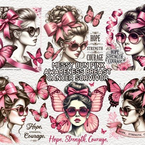 Breast Cancer Awareness Survivor Clipart, Messy Bun Awareness Design, Pink Ribbon Clipart, Strong Girl Clipart,  Fight Like a Girl Clipart