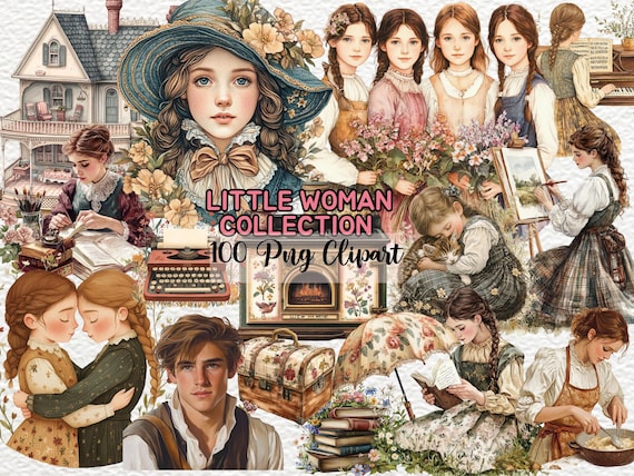 Little Woman Collection, Classic Novel-Inspired PNG, Louisa May Alcott's Little Woman Clipart, Vintage Little Woman, Classic Little Woman