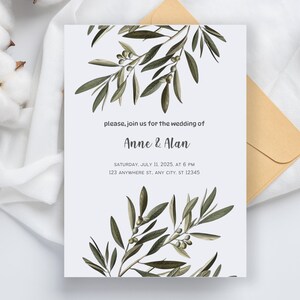 Pu&ograve; includere: Un invito di nozze bianco con rami di ulivo verdi e il testo "please, join us for the wedding of Anne & Alan" e "SATURDAY, JULY 11, 2025. AT 6 PM 123 ANYWHERE ST. ANY CITY. ST 12345"