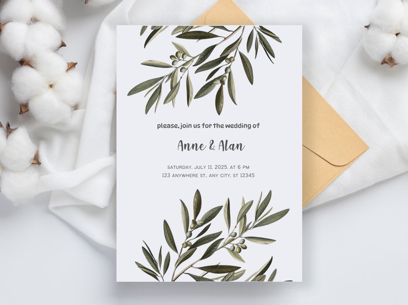 Pu&ograve; includere: Un invito di nozze bianco con rami di ulivo verdi e il testo "please, join us for the wedding of Anne & Alan" e "SATURDAY, JULY 11, 2025. AT 6 PM 123 ANYWHERE ST. ANY CITY. ST 12345"