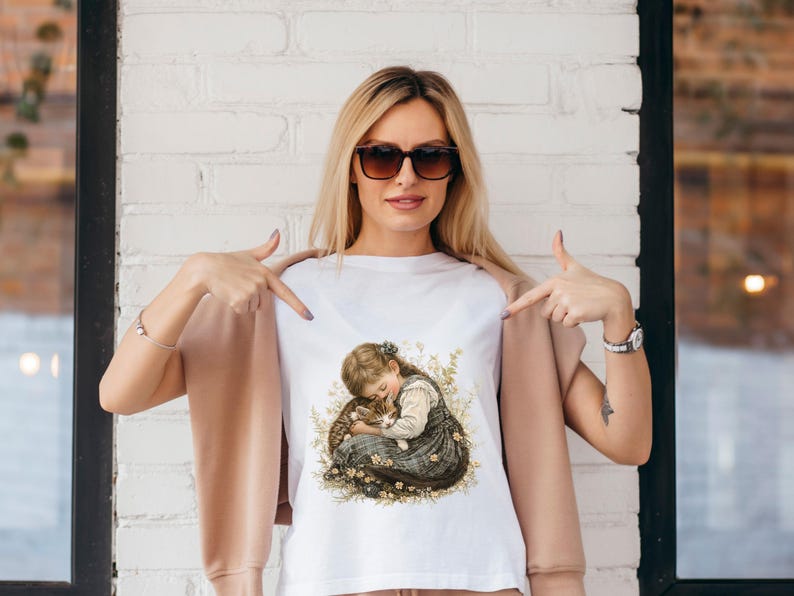 Puede incluir: Una camiseta blanca con una ilustraci&oacute;n vintage de una ni&ntilde;a sosteniendo un gato. La ni&ntilde;a lleva un vestido azul y tiene el pelo casta&ntilde;o. La ilustraci&oacute;n est&aacute; rodeada de flores.