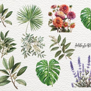 Pu&ograve; includere: Un'illustrazione digitale di vari elementi floreali e di fogliame, tra cui una foglia di palma, foglie di monstera, lavanda e un bouquet di dalie rosa e arancioni. Il testo "Artistry In Blossoms" &egrave; incluso nell'immagine.