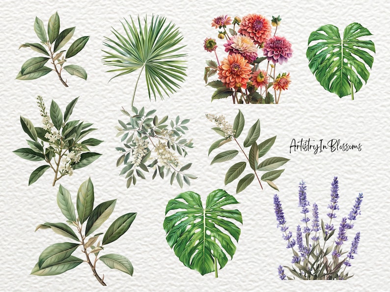 Pu&ograve; includere: Un'illustrazione digitale di vari elementi floreali e di fogliame, tra cui una foglia di palma, foglie di monstera, lavanda e un bouquet di dalie rosa e arancioni. Il testo "Artistry In Blossoms" &egrave; incluso nell'immagine.