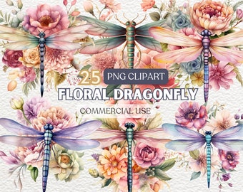 Watercolor Dragonfly Clipart, Watercolor Dragonfly Png, Junk Journals, Floral Dragonfly Illustrations, Whimsical Dragonfly Graphics