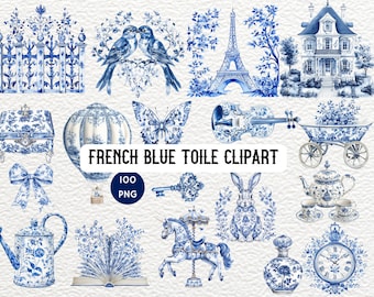 Franse blauwe toile clipartcollectie, vintage bloempatronen, shabby chic clipart, afdrukbare Franse landelijke ontwerpen, rustieke boerderij