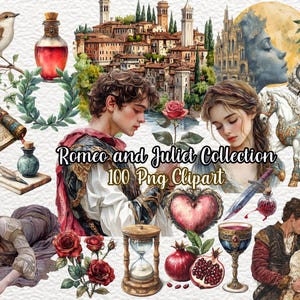 Watercolor Romeo and Juliet Clipart Set | Shakespeare Love Story Art | Watercolor Shakespeare Clipart | Romeo and Juliet Illustrations