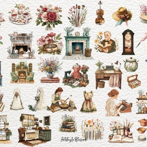Puede incluir: Una colecci&oacute;n de ilustraciones de estilo vintage que representan diferentes escenas, incluyendo una merienda, una chimenea, una sala de costura, una cocina y un escritorio. Las ilustraciones est&aacute;n realizadas en estilo acuarela y presentan una variedad de colores, incluyendo rosa, azul, verde y marr&oacute;n.