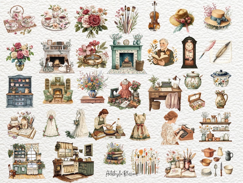 Puede incluir: Una colecci&oacute;n de ilustraciones de estilo vintage que representan diferentes escenas, incluyendo una merienda, una chimenea, una sala de costura, una cocina y un escritorio. Las ilustraciones est&aacute;n realizadas en estilo acuarela y presentan una variedad de colores, incluyendo rosa, azul, verde y marr&oacute;n.