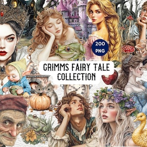 May include: A collection of illustrations featuring characters and scenes from classic fairy tales. The illustrations are in a whimsical style with vibrant colors and intricate details. The text "Grimms Fairy Tale Collection" is displayed in the center of the image.