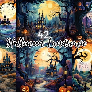 Druckbare Halloween Landschaft, digitales Papier, Halloweenszene, gruselige Seiten, Halloween Kunst, Halloween Dekor, druckbare Wandkunst, Junk Journal