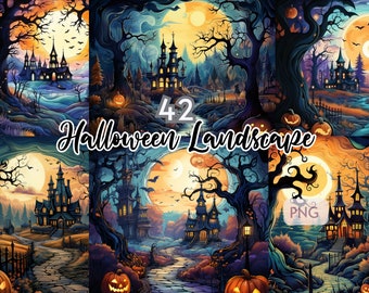 Printable Halloween Landscape Digital Paper, Halloween Scene, Spooky Pages, Halloween Art, Halloween Decor, Printable Wall Art, Junk Journal