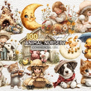 Watercolor Animal Nursery Rhymes Clipart, Children&#39;s Storybooks, Fairytale Art, Children’s Story Illustrations, Kids Clipart, Nursery Deco