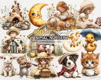 Watercolor Animal Nursery Rhymes Clipart, Children's Storybooks, Fairytale Art, Children’s Story Illustrations, Kids Clipart, Nursery Deco