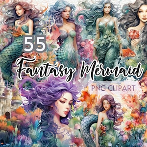 Watercolor Fantasy Mermaid Clipart, Mermaid Png, Mermaid Clip Art, Magical Mermaid, Whimsical Mermaid,Mermaid Bundle,Fantasy Mermaid Art,PNG