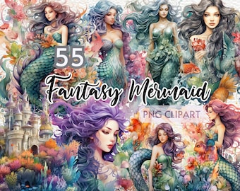 Watercolor Fantasy Mermaid Clipart, Mermaid Png, Mermaid Clip Art, Magical Mermaid, Whimsical Mermaid,Mermaid Bundle,Fantasy Mermaid Art,PNG