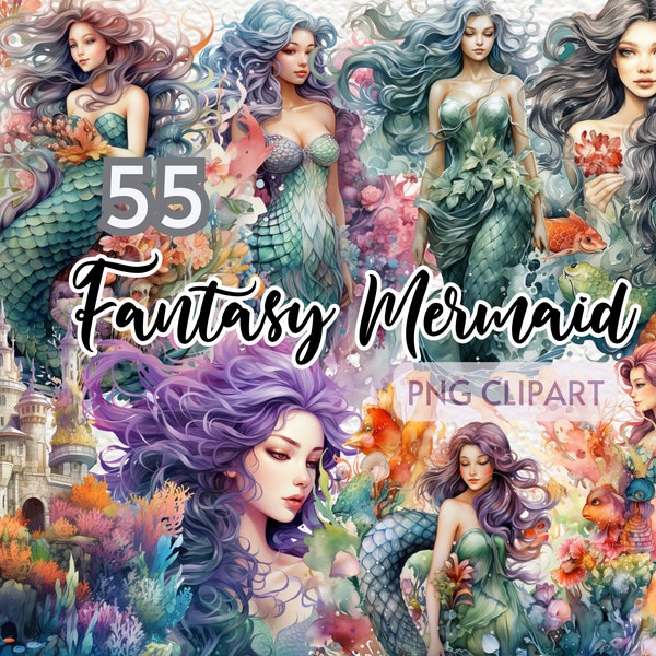 Watercolor Fantasy Mermaid Clipart, Mermaid Png, Mermaid Clip Art, Magical Mermaid, Whimsical Mermaid,Mermaid Bundle,Fantasy Mermaid Art,PNG