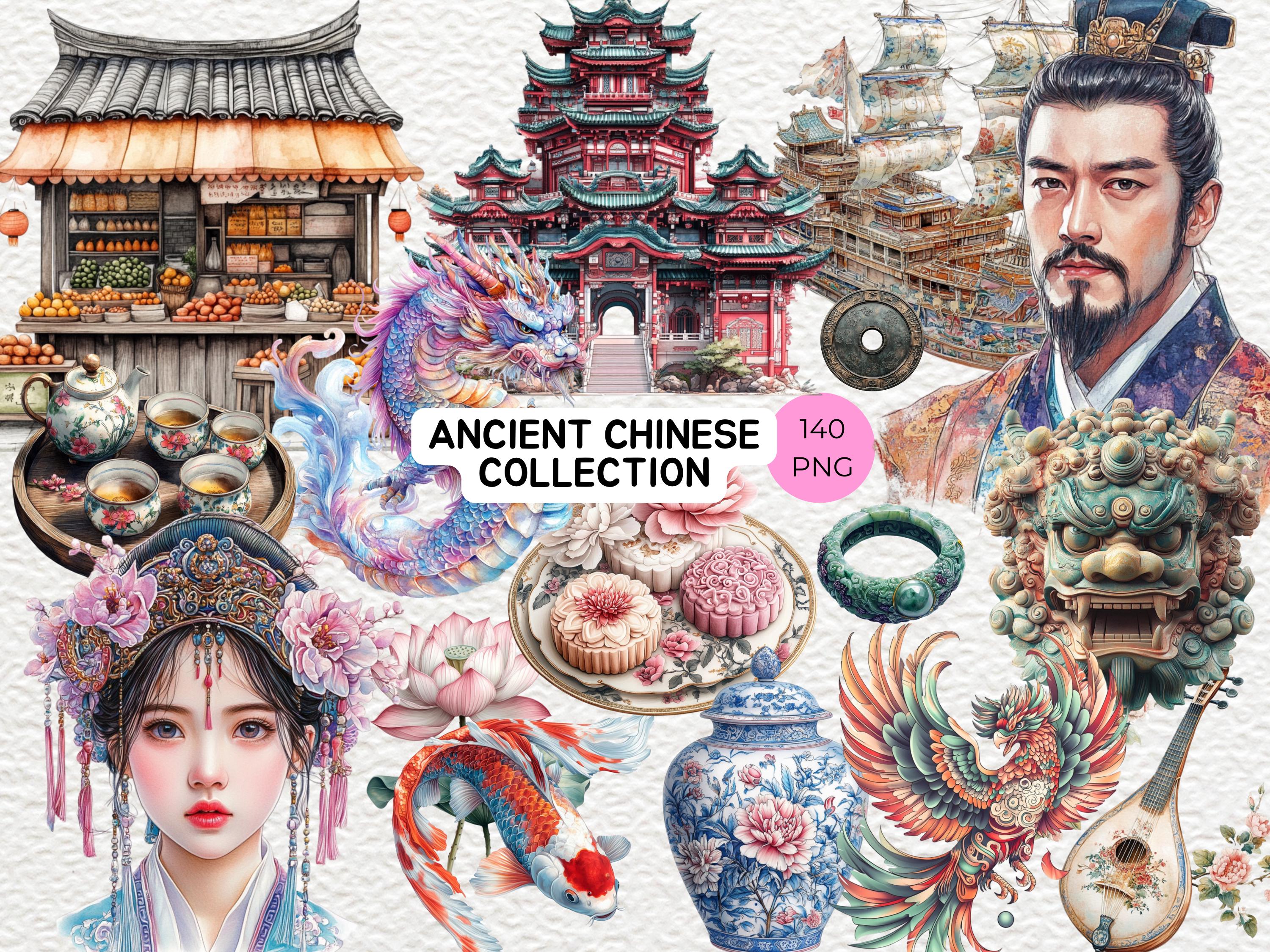 Ancient Chinese Clipart Collection, Chinese Dynasty Art Bundle, Vintage Asian Clip Art, Antique Oriental Clipart, Traditional China Graphics