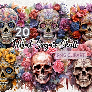 Watercolor Floral Sugar Skull Clipart, Sugar Skull Flower  Clipart Set, Day of the Dead Clipart, Dia de los Muertos Clipart, PNG, 300 DPI