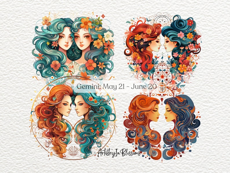 May include: A colorful illustration of the Gemini zodiac sign, featuring two women with flowing hair, surrounded by flowers and intricate patterns. The text "Gemini: May 21 - June 20" is displayed below the image.