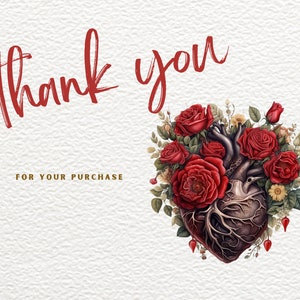 Puede incluir: Gracias por tu compra. Un coraz&oacute;n anat&oacute;mico rojo con rosas rojas y hojas verdes.