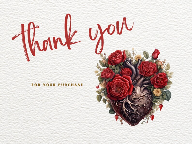 Puede incluir: Gracias por tu compra. Un coraz&oacute;n anat&oacute;mico rojo con rosas rojas y hojas verdes.