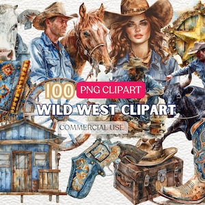 Watercolor Western Clipart, Cowboy-Themed Clipart Set, Western Life Digital Art, Cowboy Clipart Collection, Wild West Style Illustrations