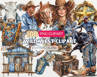 Watercolor Western Clipart, Cowboy-Themed Clipart Set, Western Life Digital Art, Cowboy Clipart Collection, Wild West Style Illustrations
